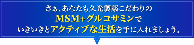 さぁ、あなたも久光製薬こだわりのMSM+グルコサミンでいきいきとアクティブな生活を手に入れましょう。