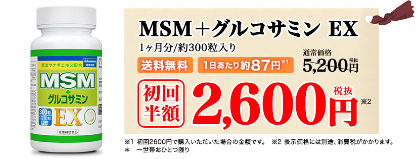 MSM＋グルコサミン EX 1ヶ月分約300粒入り 送料無料 1日あたり約87円 通常価格5,200円（税抜）　初回半額 2,600円（税抜）