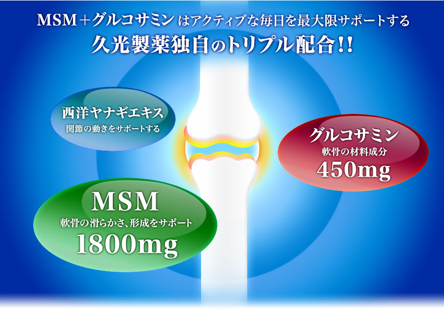 「MSM＋グルコサミン」はアクティブな毎日を最大限サポートする久光製薬独自のトリプル配合！！MSM1800mg グルコサミン450mg 西洋ヤナギエキス