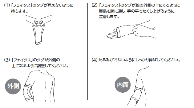 (1)「フェイタス」のタグが見えないように持ちます。(2)「フェイタス」のタグが腕の外側の上にくるように製品を腕に通し、手の平でたくし上げるように装着します。(3)「フェイタス」のタグが外側の上になるように調整してください。(4)たるみがでないようにしっかりと伸ばしてください。
