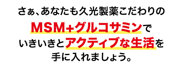 さぁ、あなたも久光製薬こだわりのMSM+グルコサミンでいきいきとアクティブな生活を手に入れましょう。