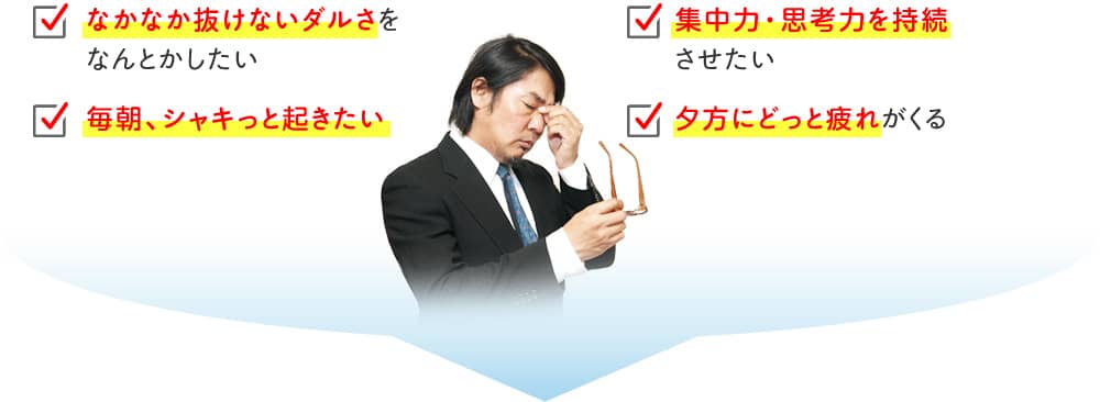 なかなか抜けないダルさを
なんとかしたい/毎朝、シャキっと起きたい/冷え性をなんとかしたい/集中力・思考力を持続させたい/夕方にどっと疲れがくる/身体のむくみがすごい